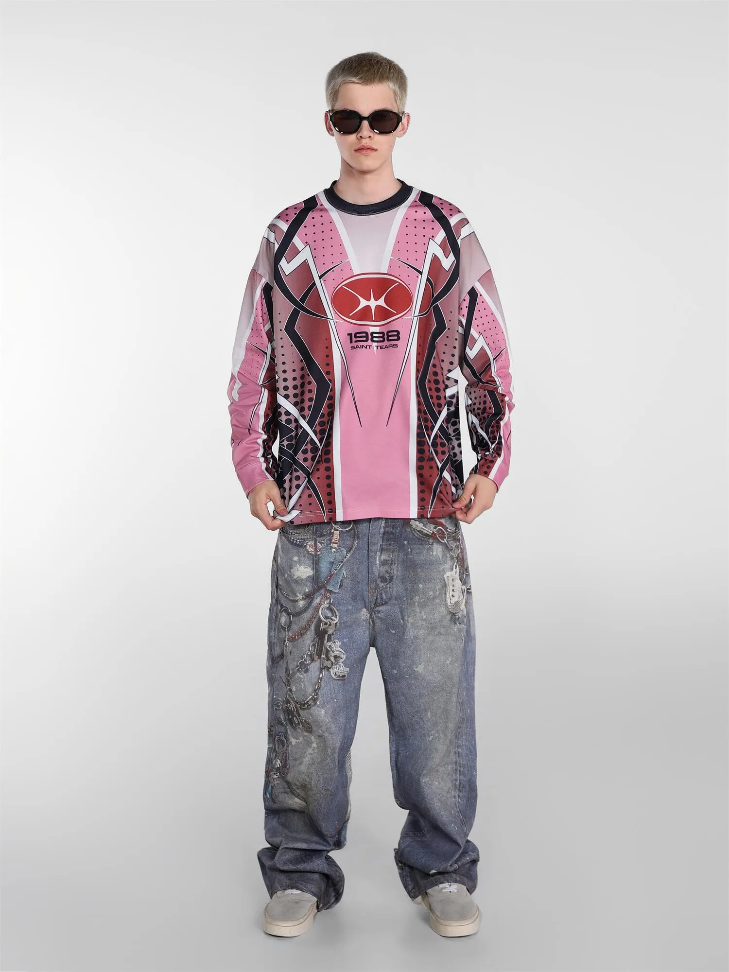 Saint michael tears all-over printed long-sleeved vintage autumn and winter T-shirt Style number: 120 Size: M L XL Wholesale price: 136 Color: blue pink